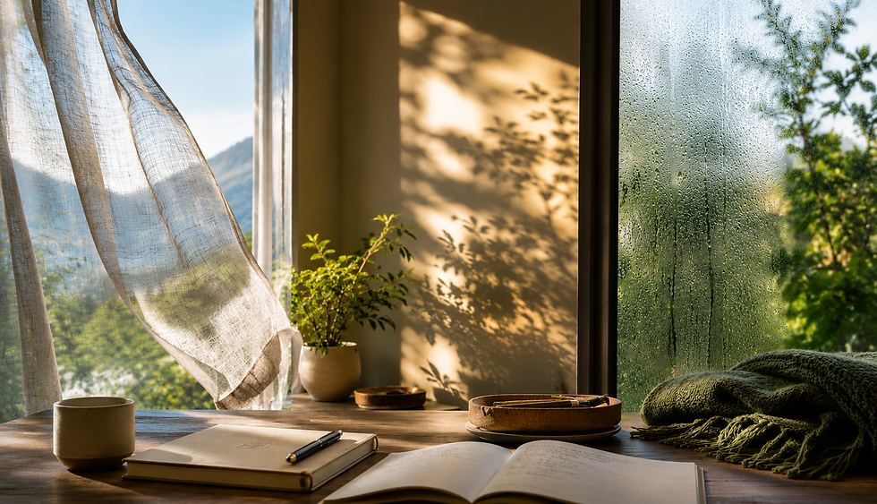 Sunlit desk by a rainy window with notebooks, mug, plant, and green throw; sheer curtain billows, creating a calm cozy mood.