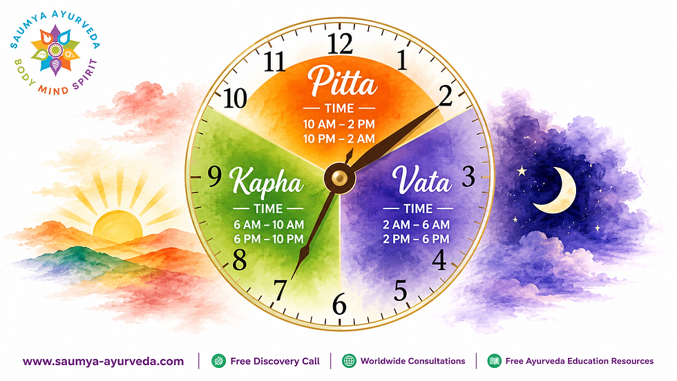Ayurveda infographic clock showing Pitta, Kapha, and Vata times with sunrise and moonlit watercolor scenes.