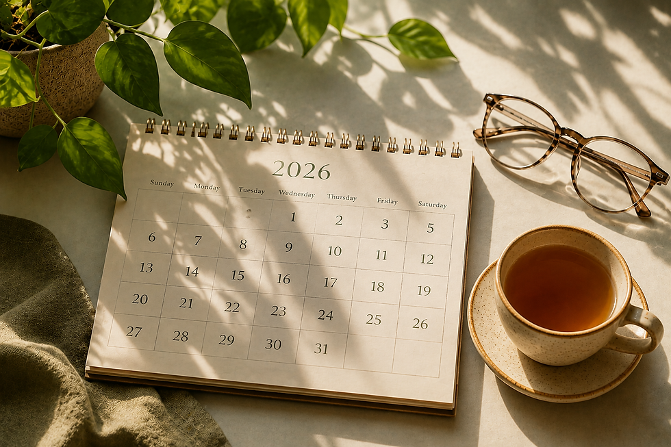 Sunlit 2026 calendar on a desk beside a cup of tea, modern glasses, green houseplants, and soft olive fabric, evoking natural rhythm, daily routine, and self-observation.