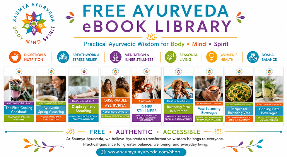 Saumya Ayurveda promo for Free Ayurveda eBook Library with colorful wellness icons and ebook covers on digestion, breathing, meditation.