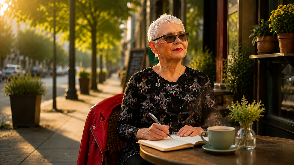 Older woman with white hair and sunglasses writes in a notebook at a sunny café table beside coffee and plants.