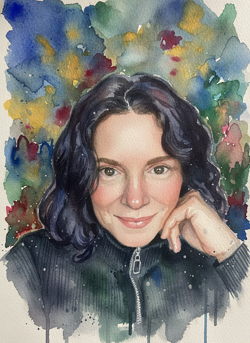 Watercolor portrait of a smiling dark-haired Veena resting her chin on her hand against a colorful abstract background.