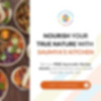 Bowls of vibrant dishes with vegetables and noodles on the left. Text on right: “Nourish your true nature with Saumya’s Kitchen.”