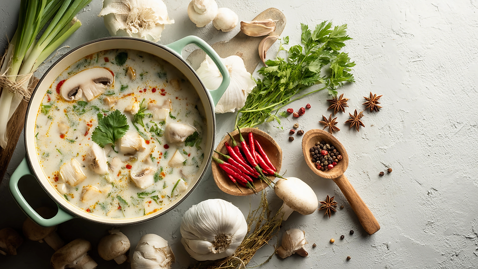 Soup in a pot with mushrooms, herbs, and chili peppers. Surrounded by garlic, scallions, and spices on a light surface. Cozy and fresh.