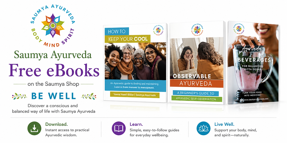 Saumya Ayurveda advert for free eBooks. Features smiling women, book covers on Ayurveda, and emphasizes wellness, balance, and downloads.
