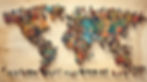 Colorful world map with diverse silhouettes of people standing on it, symbolizing unity and diversity. Earthy background tones.