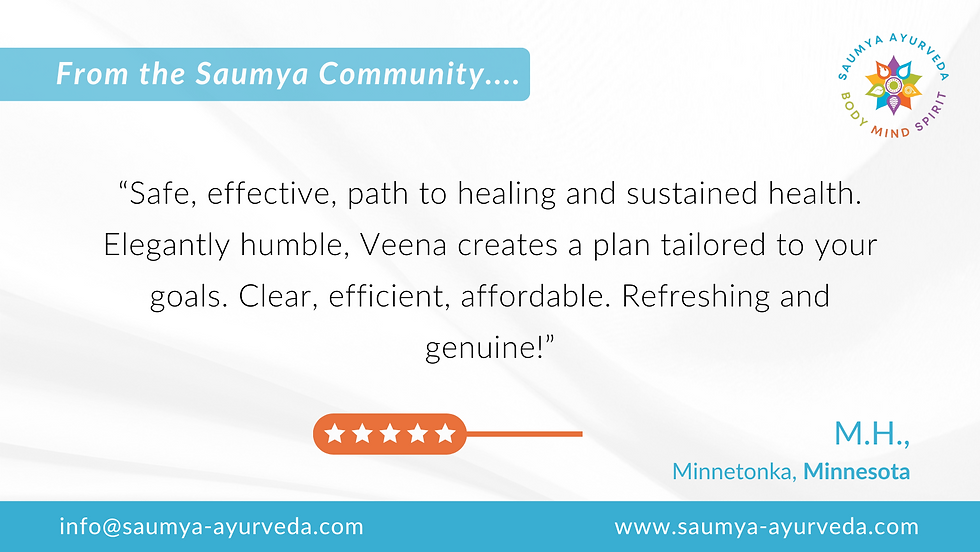 Review from Saumya Community praising effective health plans. Includes 5-star rating and contact info on a white background with blue accents.
