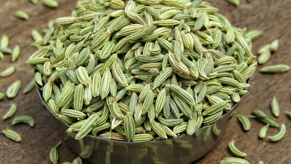 Close-up of a metal measuring cup filled with green fennel seeds on a brown surface.