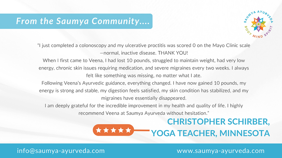 Saumya Ayurveda testimonial with text about health improvements and a 5-star rating. Includes contact info and slogan "Body Mind Spirit."