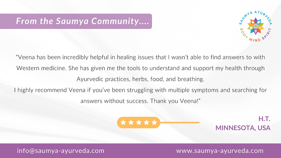 Testimonial from H.T., Minnesota, praising Veena's Ayurvedic healing. Includes 5-star rating and Saumya Ayurveda logo. Background is white.