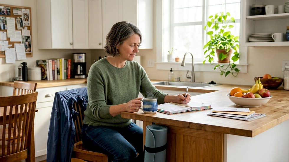 Woman in a bright kitchen writes in a notebook beside a blue mug, with fruit bowl, plants, and mail on the counter.