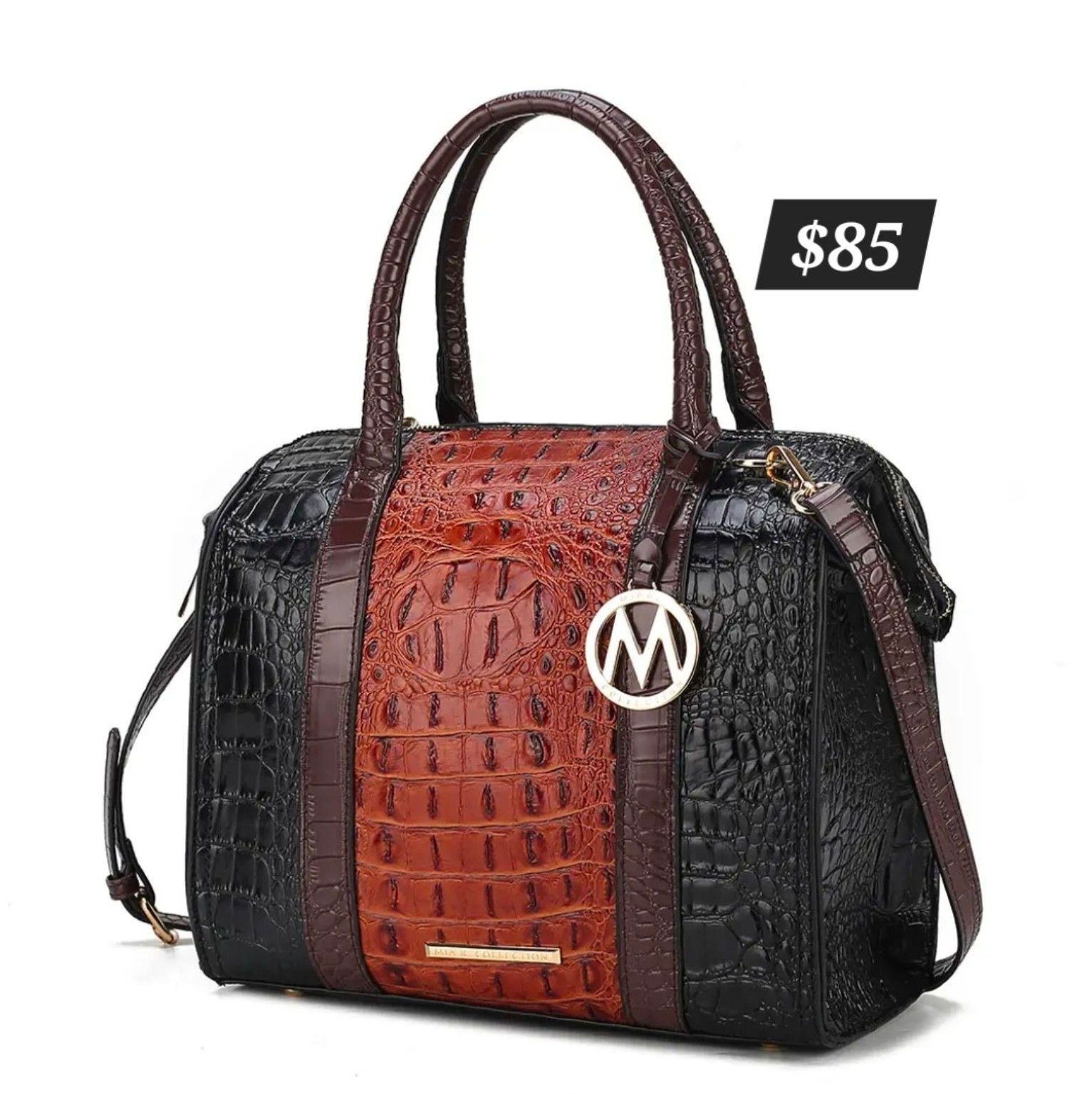 Cognac & Black Faux-Croc Dome Satchel