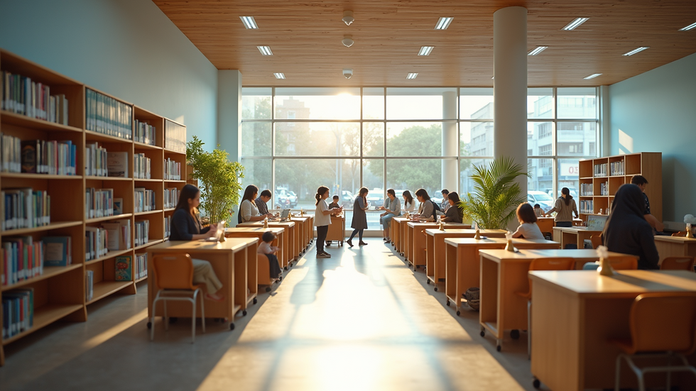 High angle view of a community learning center with diverse educational resources