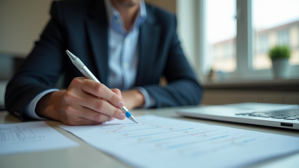 Close-up view of a school principal reviewing student progress reports