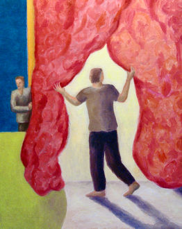 ''Behind the Curtin'' 2021 oil linen 51x41cm.