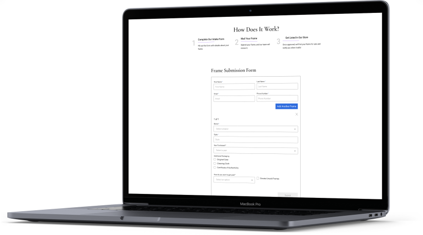 Image of a MacBook Pro displaying a web page titled ‘How Does It Work?’ with instructions and a ‘Frame Submission Form.