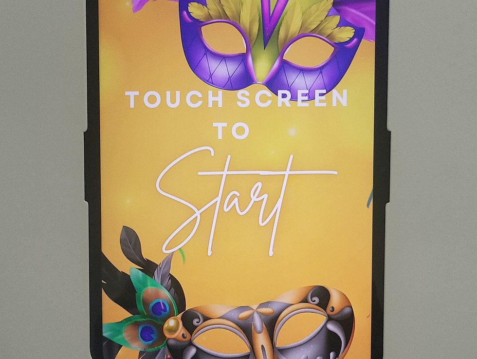 Photo booth rental screen with masquerade theme