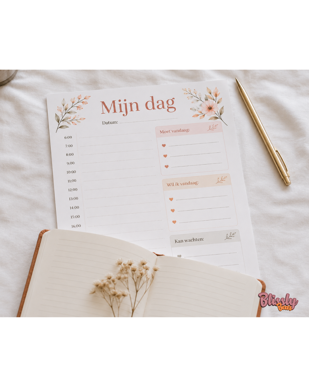 Blissly Bear dagplanner voor mama's met urenplanning en drie prioriteitsblokken moet wil en kan wachten