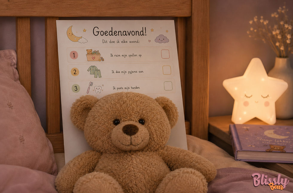 Blissly Bear avondroutine printable voor kinderen: Goedenavond stappenkaart