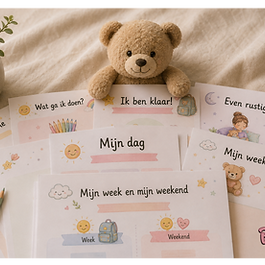Blissly Bear Rust en Ritme printables collectie uitgewaaierd op linnen ondergrond met teddybeer bovenop