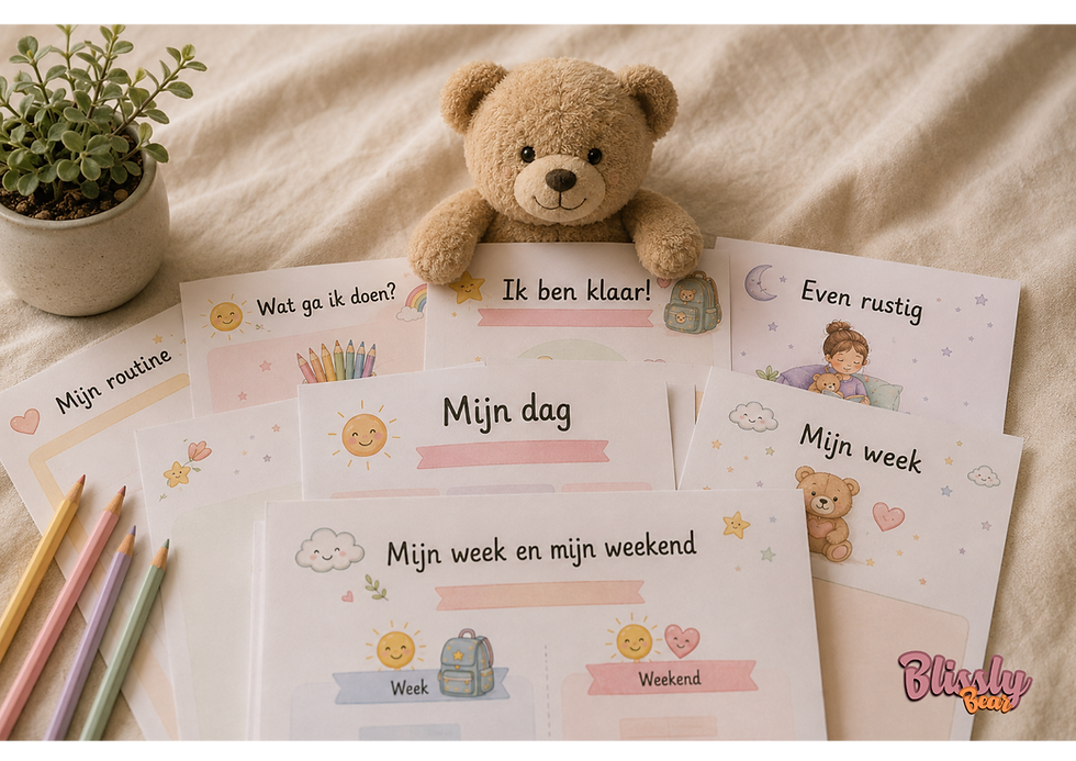 Blissly Bear Rust en Ritme printables collectie uitgewaaierd op linnen ondergrond met teddybeer bovenop