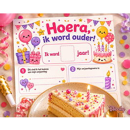 Blissly Bear verjaardagsprintable Hoera ik word ouder voor kinderen met invulvakjes voor wensen lengte en tekening
