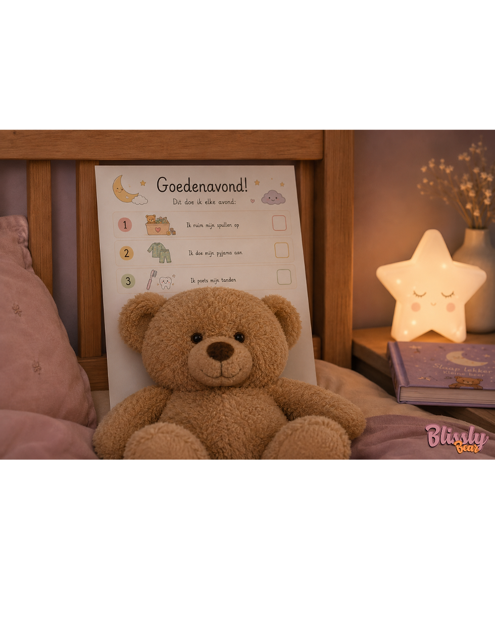 Blissly Bear avondroutine printable voor kinderen: Goedenavond stappenkaart