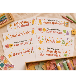 Blissly Bear Spel & Ontwikkeling bundel met acht printables voor kinderen van 3 tot 7 jaar uitgespreid op een houten tafel