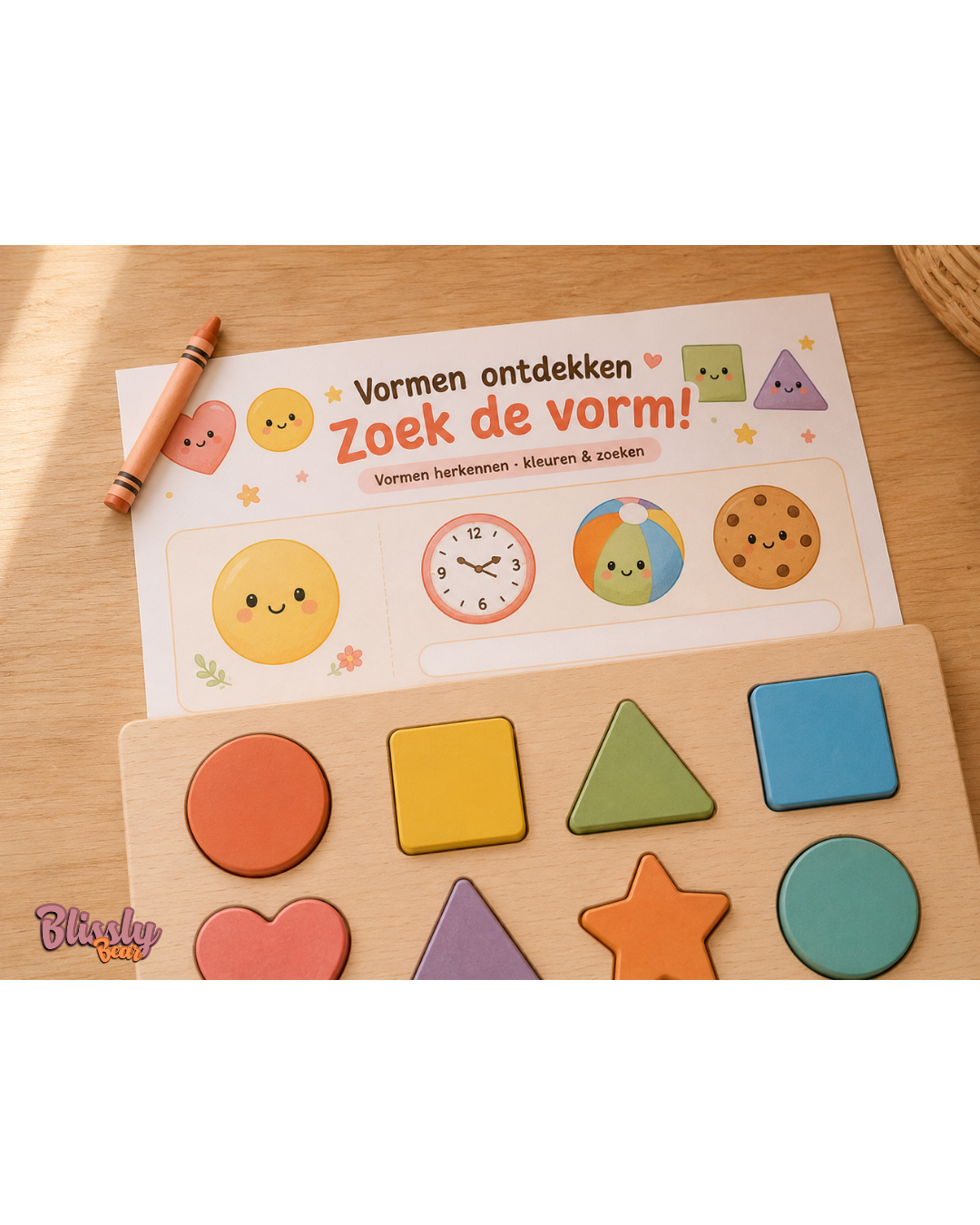 Blissly Bear vormenwerkblad Zoek de vorm met cirkels vierkanten driehoeken en harten voor kinderen