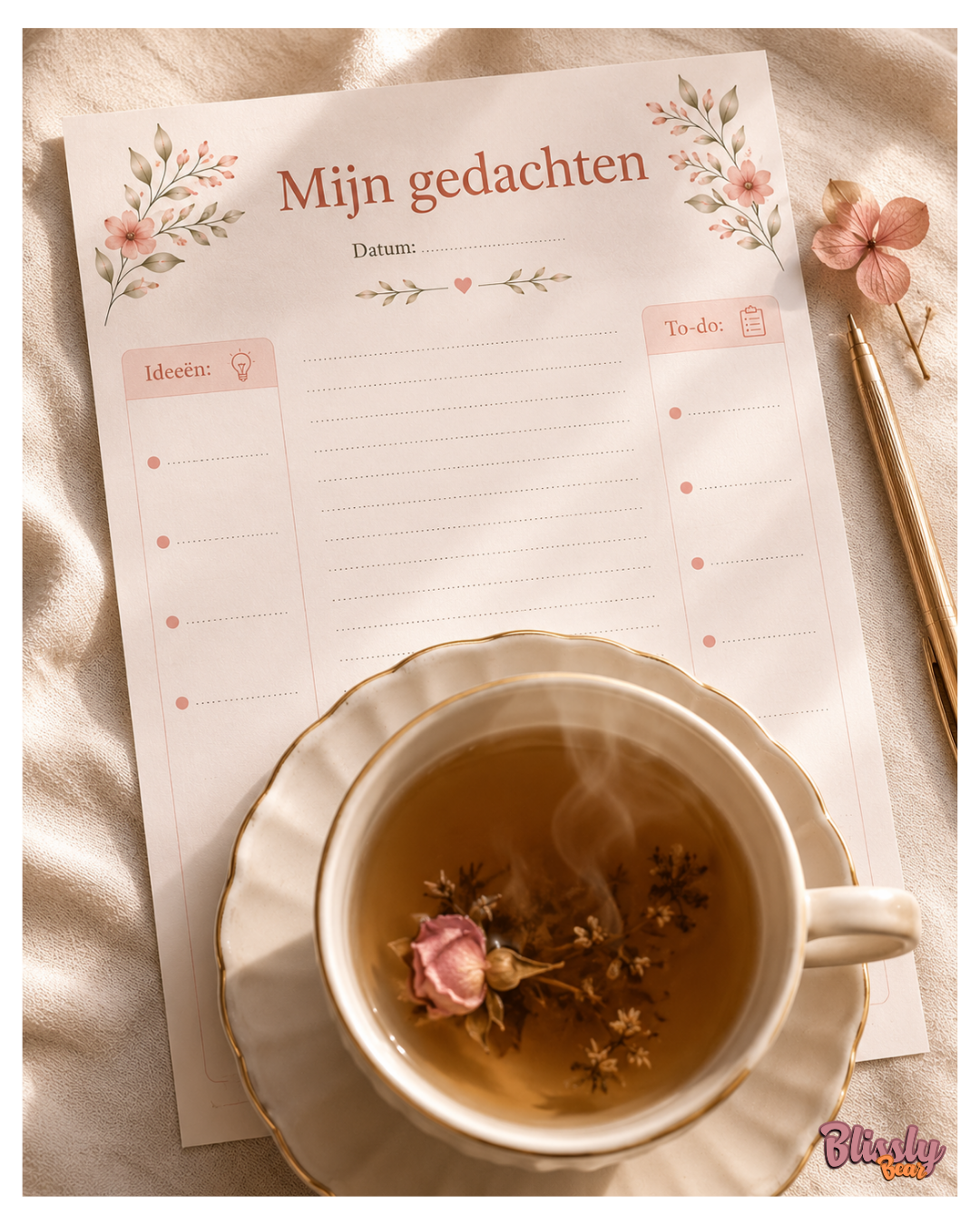 Blissly Bear notitiepagina voor mama's met ideeën vrije schrijfruimte en to-do lijst op één rustige A4