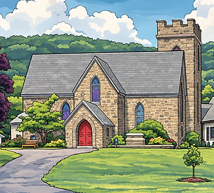 Cartoon renering of stone church