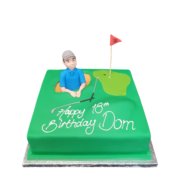 A unique golf-themed cake with a golfer figurine stuck in a bunker, designed for sports enthusiasts and golf lovers, perfect for special celebrations.