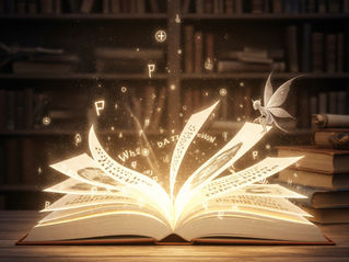 Um livro aberto com páginas que brilham, simbolizando a magia da escrita e a criação de uma casa literária.