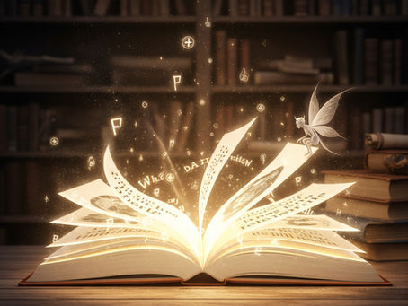 Um livro aberto com páginas que brilham, simbolizando a magia da escrita e a criação de uma casa literária.