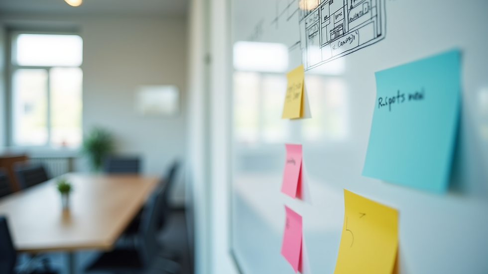 Close-up view of a whiteboard with architectural diagrams and sticky notes in a meeting room