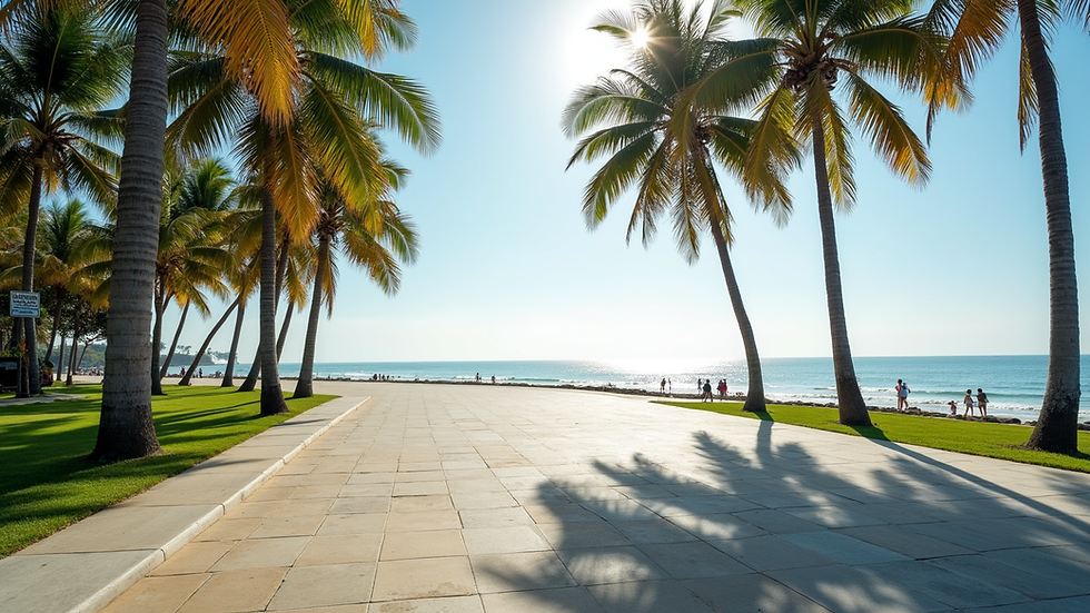 Eye-level view of Sanur Beach Promenade with palm trees and calm ocean