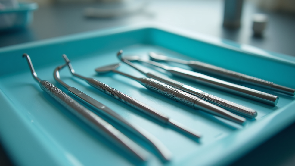Close-up view of dental tools arranged neatly on a tray in a clinic