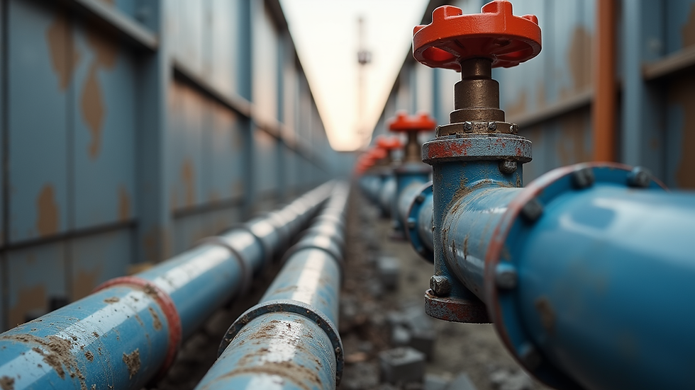 Eye-level view of plumbing pipes and fittings installed in a new construction site