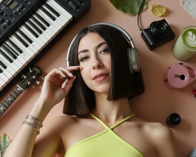 a woman wearing headphones is laying on the floor next to a keyboard and a guitar