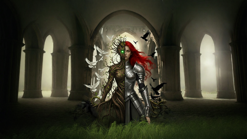 Temple of the Warrior Soul. Woman half warrior half earth mother, surrounded with crows and doves.