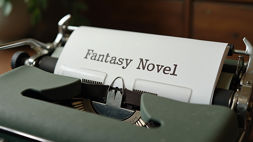 Close-up view of a vintage typewriter with a fantasy novel manuscript