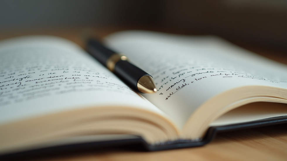 Close-up view of an open book with handwritten notes and a pen