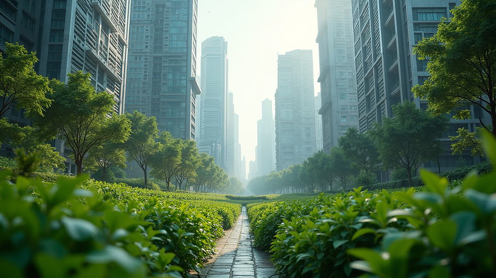 Eye-level view of a futuristic city blending with lush greenery