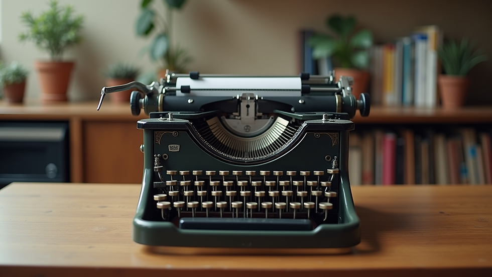 Eye-level view of a vintage typewriter on a wooden desk