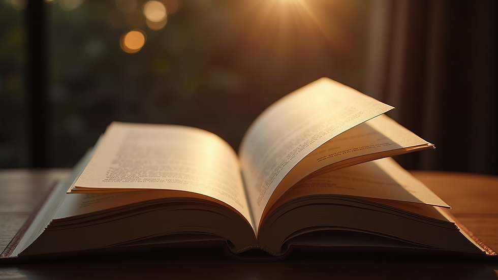 Close-up view of an open book with a glowing light illuminating the pages