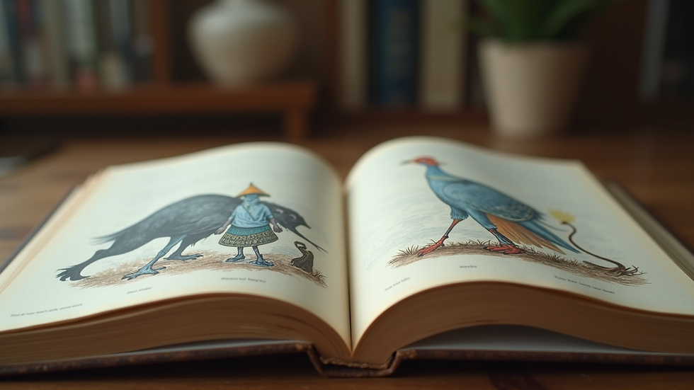 Eye-level view of an open book with fantastical illustrations