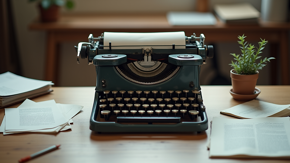 Eye-level view of a vintage typewriter on a wooden desk with scattered papers