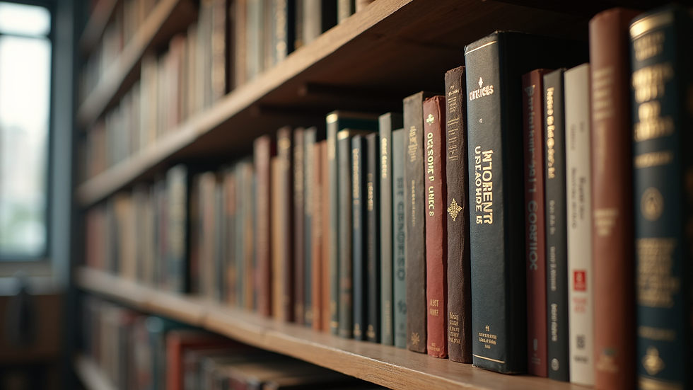Close-up view of a bookshelf filled with diverse genre fiction books