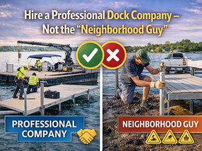 Split image showing professional dock installation crew with barge and equipment versus a single neighborhood installer working on a dock in Minnesota.