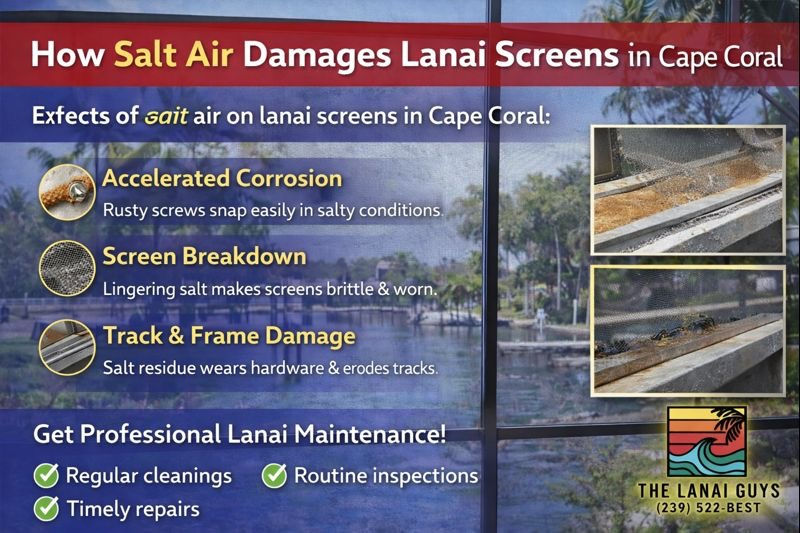 Living in Cape Coral means beautiful waterfront views, coastal breezes, and year-round outdoor living—but it also means your lanai screens are constantly under attack from salt air. If you’ve noticed rusty screws, brittle screens, or panels pulling loose, salt exposure is likely the culprit.
Here’s why salt air is so damaging to lanai screens in Southwest Florida—and what you can do to protect your investment.
How Salt Air Affects Lanai Screens
Salt air doesn’t just sit on surfaces—it penetrates them. When ocean or canal air carries salt particles inland, those particles settle on your lanai screens, frames, fasteners, and tracks. Over time, this causes several common (and costly) problems.
1. Accelerated Corrosion of Screws & Hardware
Salt speeds up oxidation. Even “rust-resistant” fasteners can corrode quickly in coastal environments.
What we see most often:
Rusted screws snapping during repairs
Loose screen panels from failing fasteners
Stained aluminum frames from rust runoff
Once screws rust, they lose holding power—leading to sagging or blown-out screens during storms.
2. Screen Material Breakdown
Salt residue combined with UV exposure dries out screen fibers faster than normal.
This causes screens to:
Become brittle and crunchy
Tear more easily
Lose tension and wrinkle
In Cape Coral, this process can happen years sooner than in inland Florida homes.
3. Track & Frame Damage
Salt buildup inside tracks attracts moisture and debris. This creates friction and wear, especially on roll-down power screens, forcing motors to work harder and shortening their lifespan.
Why Cape Coral Homes Are Hit Harder
Cape Coral is especially vulnerable because:
Many homes are on canals or near open water
Coastal winds push salt farther inland
Screens are used year-round, not seasonally
Even homes miles from the river or Gulf still experience salt exposure over time.
How to Prevent Salt Damage to Your Lanai Screens
The good news? Salt damage is manageable with the right care.
✅ Regular Rinsing
Lightly rinse screens, frames, and tracks with fresh water every 1–2 months to remove salt residue. Avoid pressure washers—they can stretch or tear screen material.
✅ Professional Maintenance
Routine inspections catch rusted fasteners, loose panels, and early screen wear before they become major repairs.
At The Lanai Guys, our maintenance service includes:
Track cleaning
Screen and tension inspection
Fastener checks
Early corrosion detection
✅ Monthly or Bi-Monthly Service Programs
For coastal homes and canal properties, we strongly recommend ongoing service programs. These keep salt buildup under control and dramatically extend the life of your screens.
Monthly service – Ideal for waterfront homes
Bi-monthly service – Great for standard residential properties
✅ Timely Repairs
Waiting too long turns small issues into expensive problems. Replacing a few rusted screws now is far cheaper than rebuilding an entire panel later.
Don’t Let Salt Air Ruin Your Lanai
Salt air damage is unavoidable in Cape Coral—but serious damage is preventable.
If your lanai screens are:
Rusting
Sagging
Tearing
Making noise
Hard to operate
…it’s time to have them serviced.
📞 Call The Lanai Guys today to schedule a lanai screen maintenance appointmentWe proudly serve Cape Coral, Fort Myers, and surrounding Southwest Florida communities and offer monthly and bi-monthly maintenance programs designed for coastal homes.
Protect your outdoor living space now—and save yourself costly repairs later.